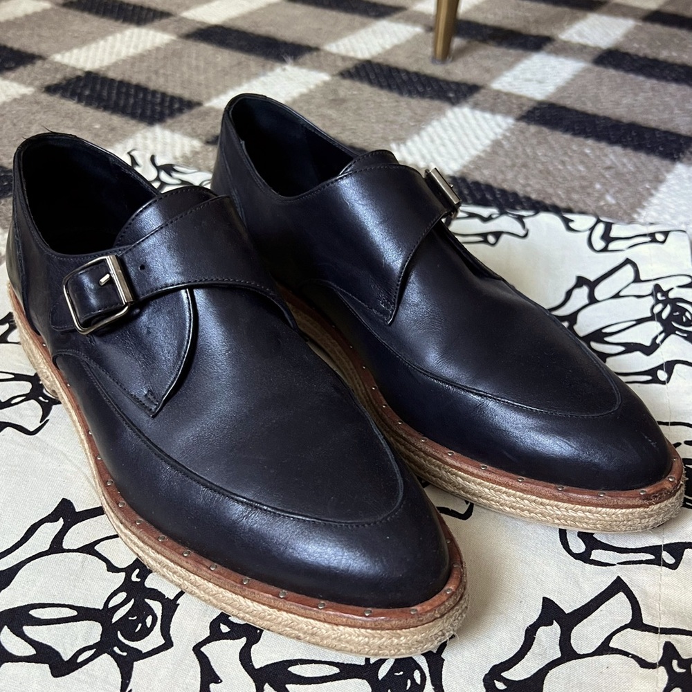 Freda Salvador Black Leather Monk Strap Espadrille Loafers - Picture 5 of 11